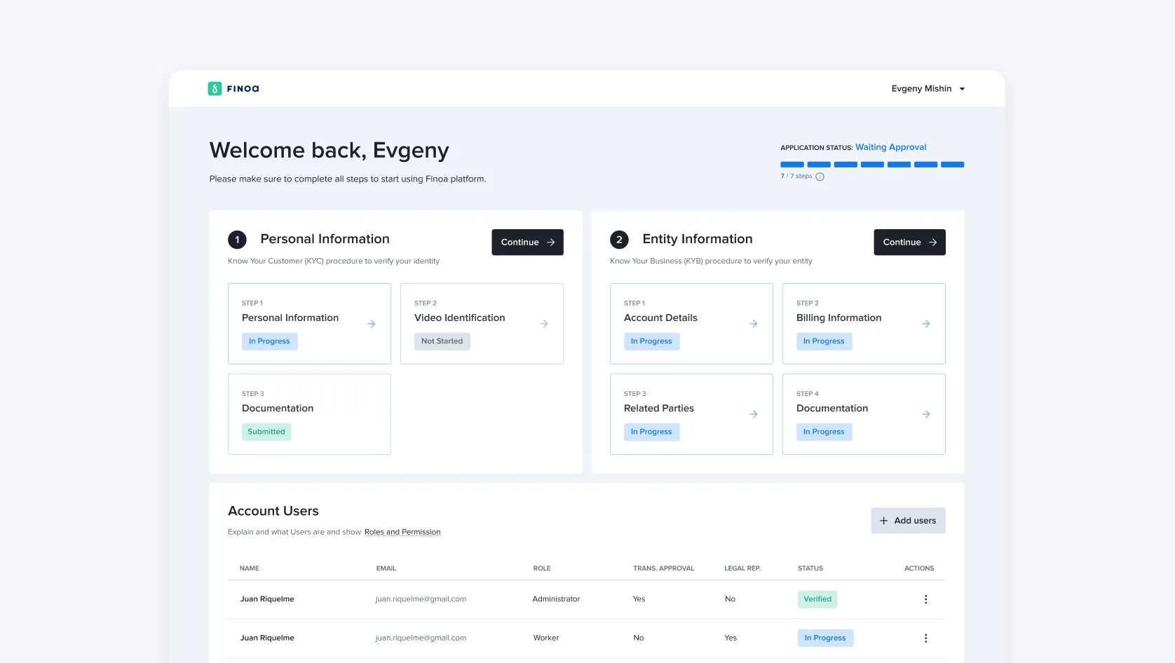 Onboarding app / Dashboard