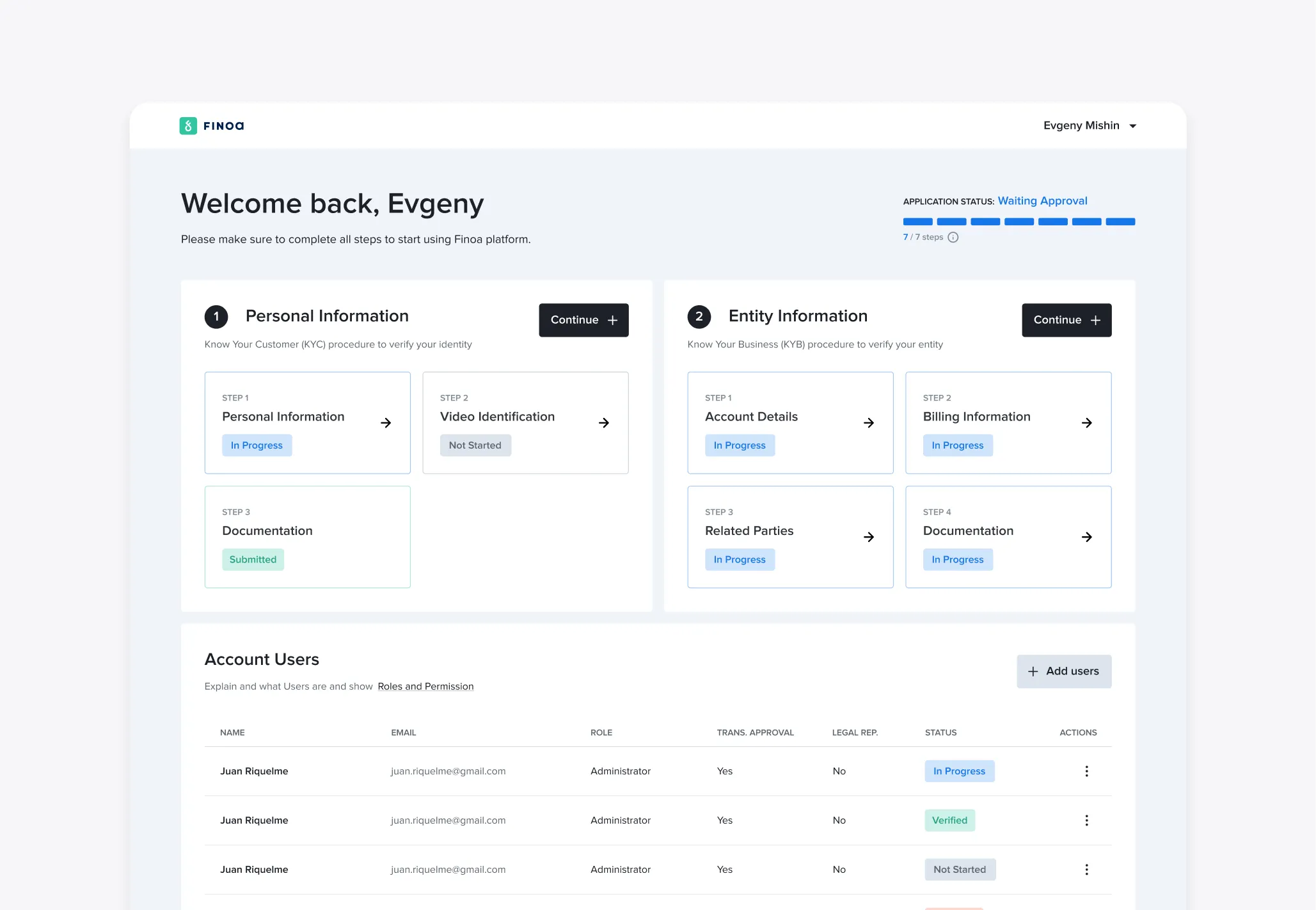 Onboarding platform dashboard