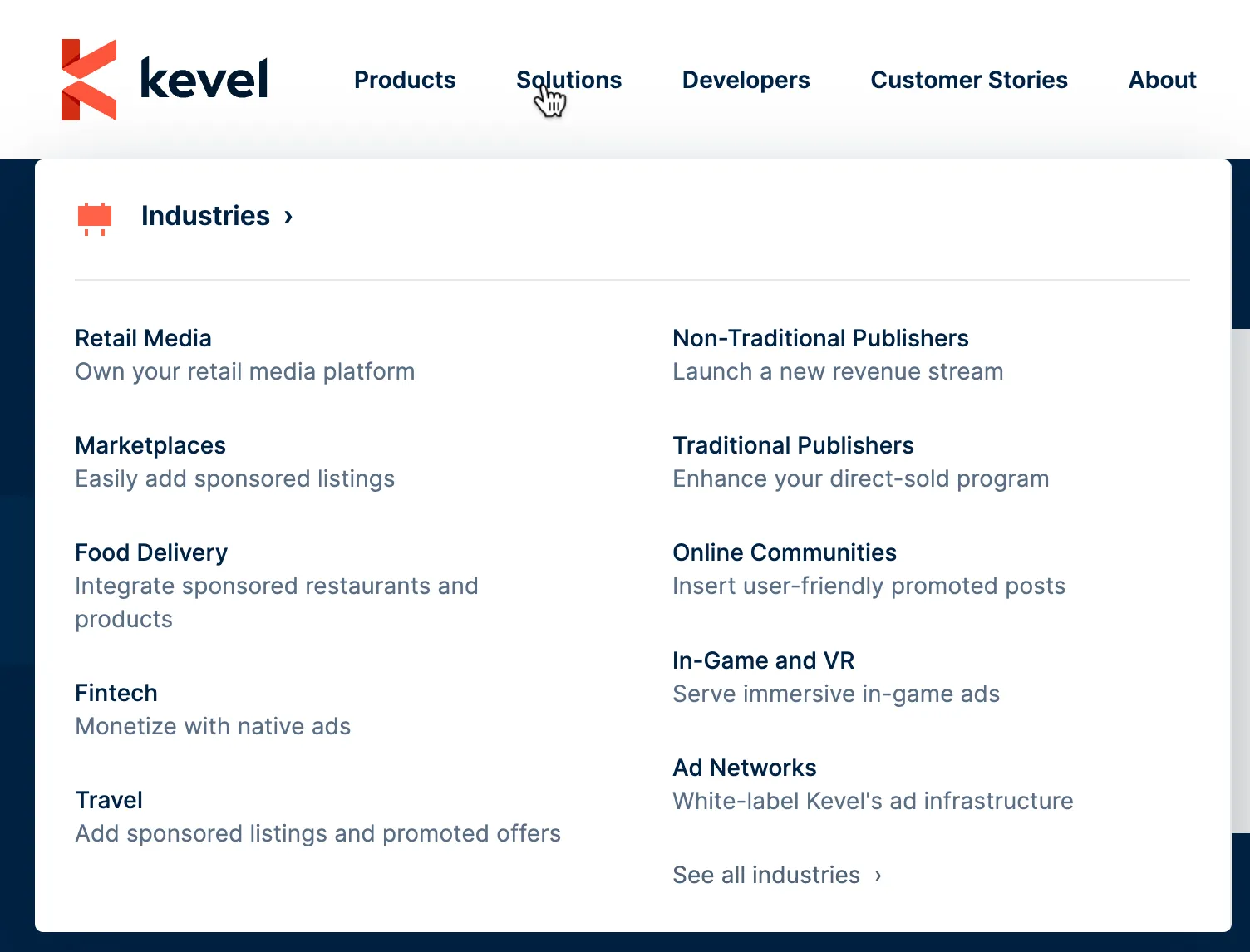 Old Kevel menu solutions tab