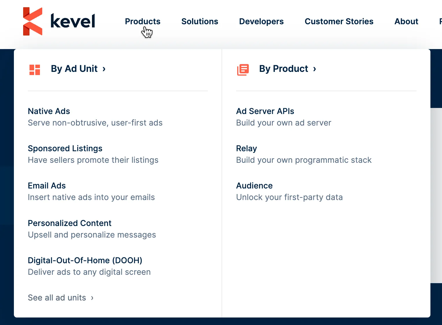 Old Kevel menu products tab